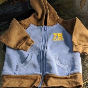 Okie Dokie Blue and Brown zip front Hoodie. Size 6-9 months